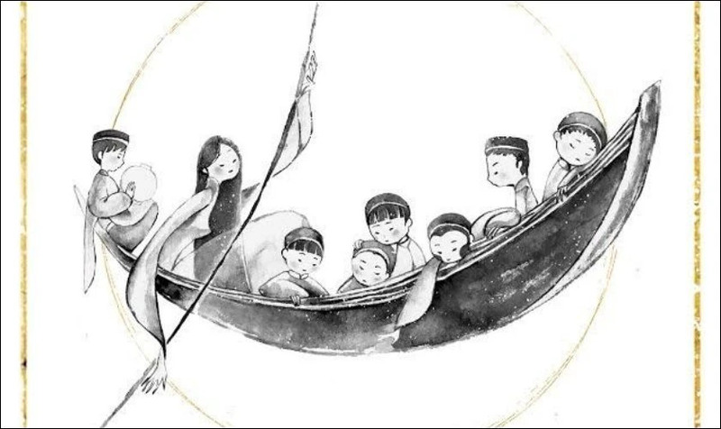 Bức tranh đen trắng cô giáo chèo con thuyền