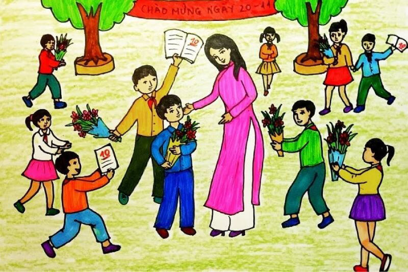 Bức tranh Cô giáo nhận hoa và quà