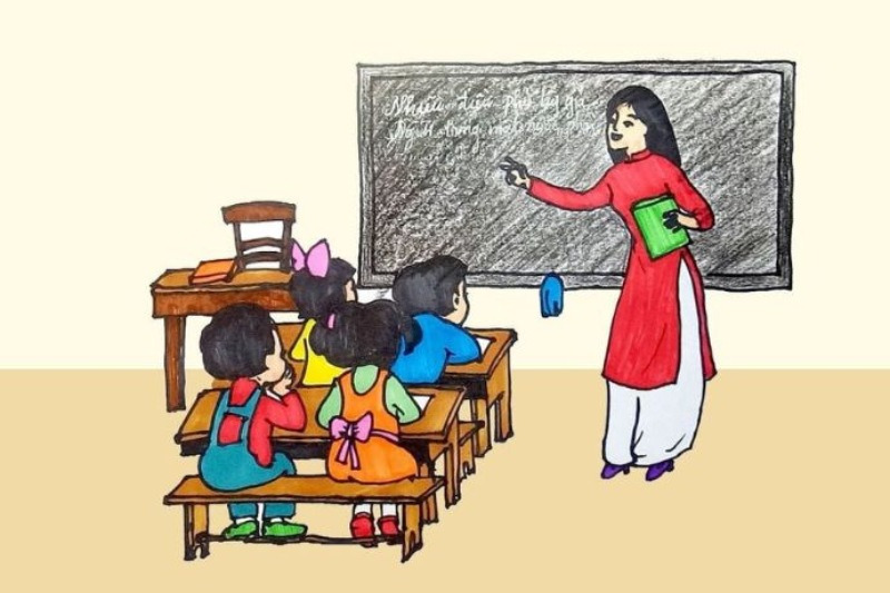 Tranh vẽ cô giáo trên bục giảng