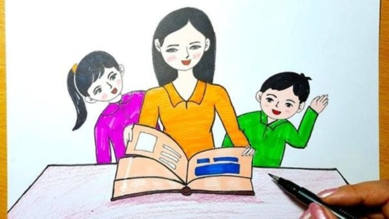 Bức tranh vẽ cô giáo đọc sách cùng các học sinh