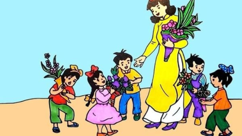 Tranh vẽ cô giáo cùng học trò