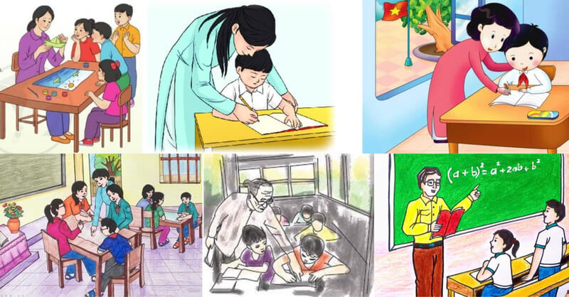 Các bước tranh vẽ cô giáo hướng dẫn học sinh