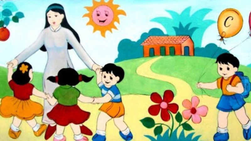 Bức tranh cô giáo và học trò đang nô đùa