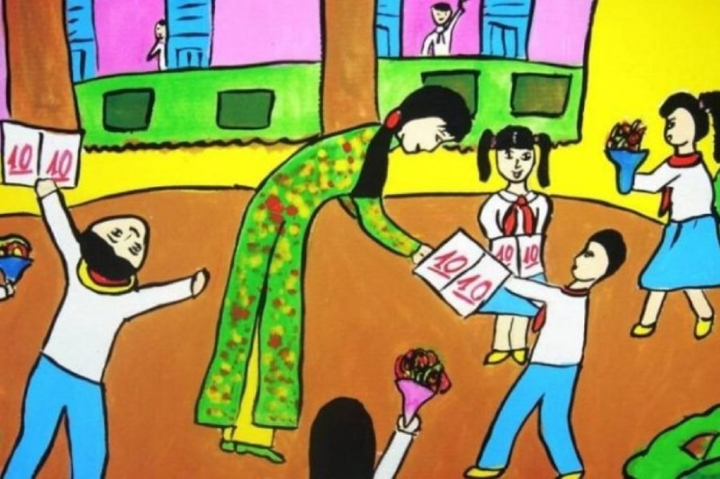 Tranh học sinh khoe điểm 10 cho cô giáo