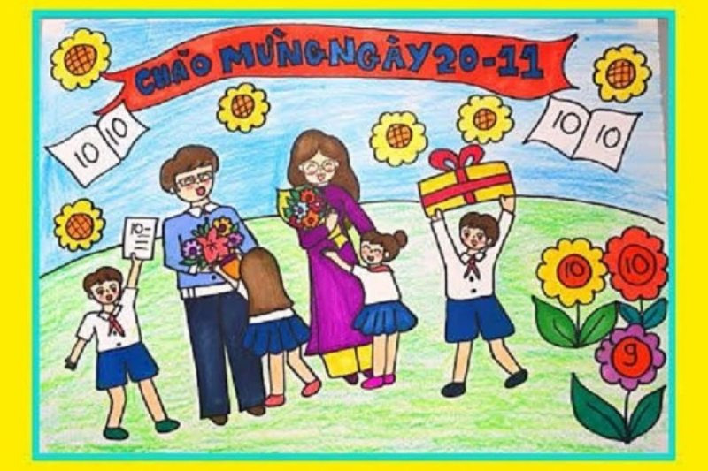 Tranh học sinh tặng hoa cho thầy cô giáo ngày 20/11