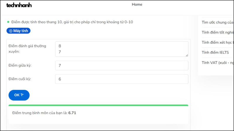 Web Technhanh.com hỗ trợ tính điểm trung bình môn