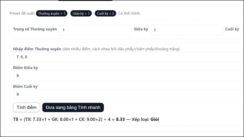 Giao diện trang Web tính điểm trung bình Giasuvietedu.com.vn
