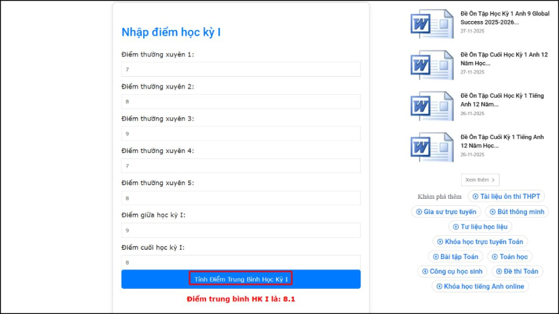 Tính điểm trung bình học kỳ bằng trang Web Thuvienhoclieu.com