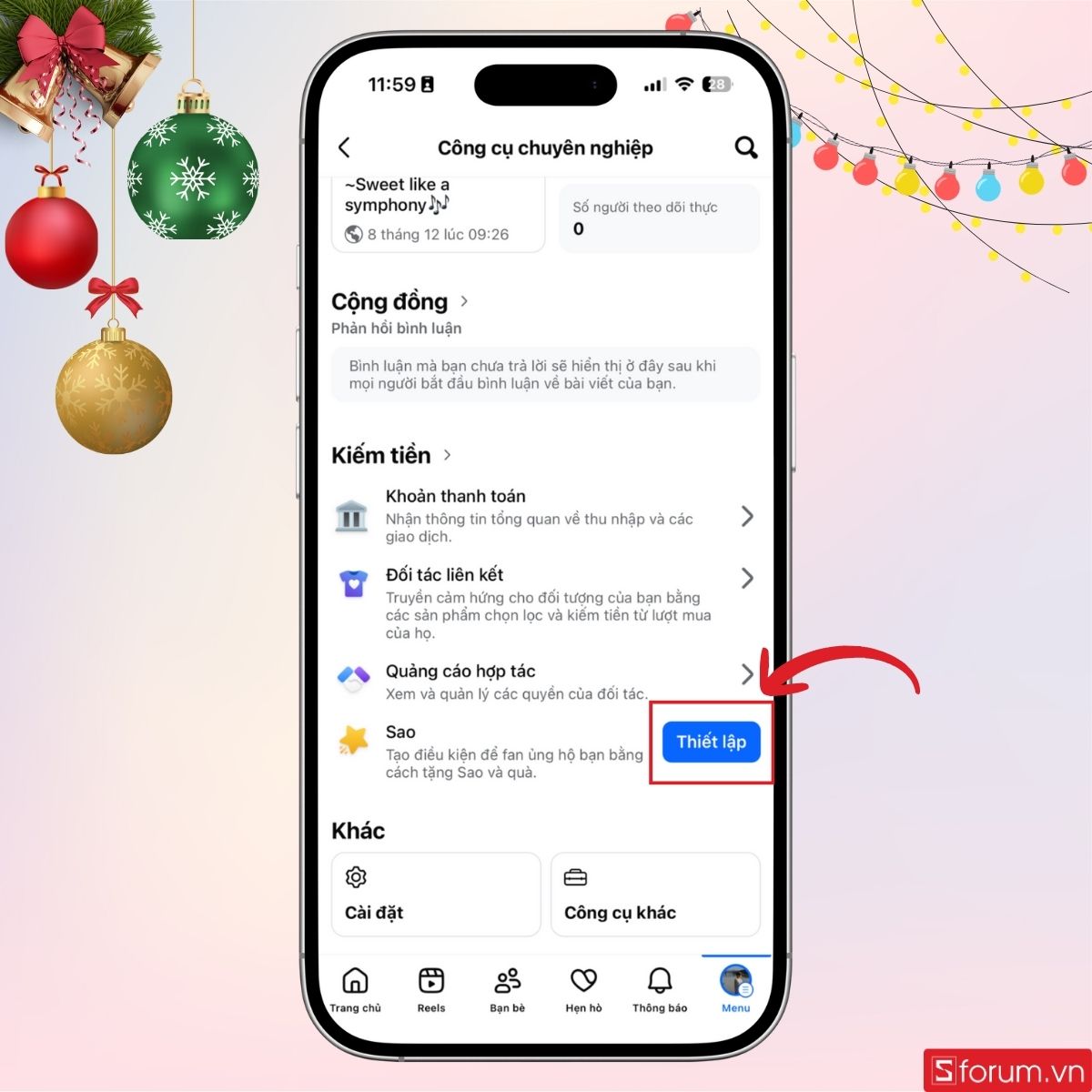 bat-kiem-tien-tu-noi-dung-tren-facebook-ca-nhan-8 Nhấn thiết lập ở mục Sao trong Công cụ chuyên nghiệp