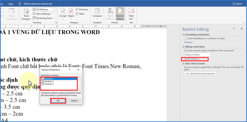 Chọn các section muốn khóa