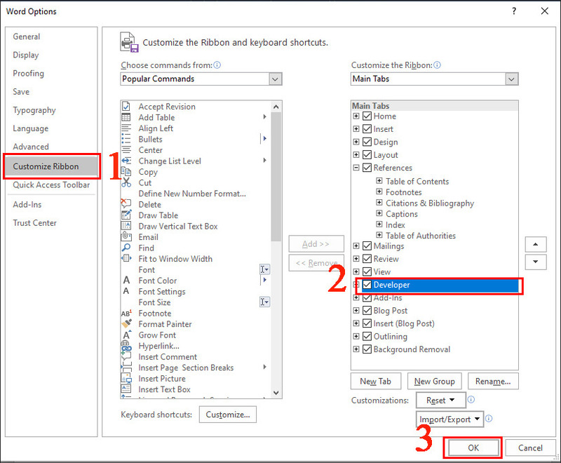 Chọn Customize Ribbon và tích vào ô Developer