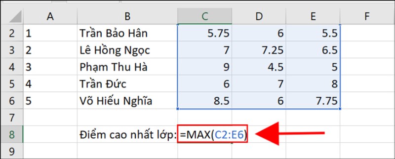 Gõ cú pháp hàm MAX để tìm điểm cao nhất lớp
