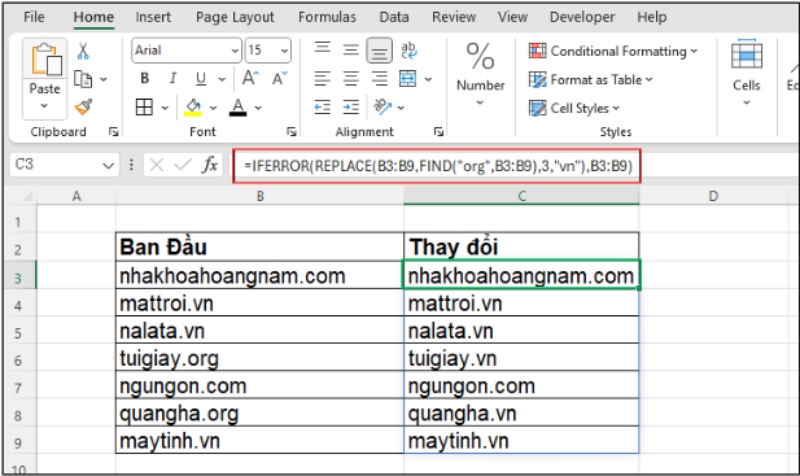 Kết quả sau khi dùng hàm REPLACE kết hợp hàm FIND
