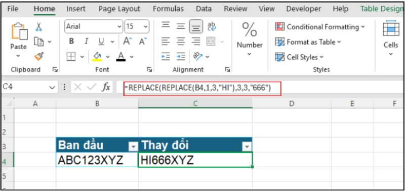 Sử dụng hàm REPLACE để thay đổi thành chuỗi ký tự mới