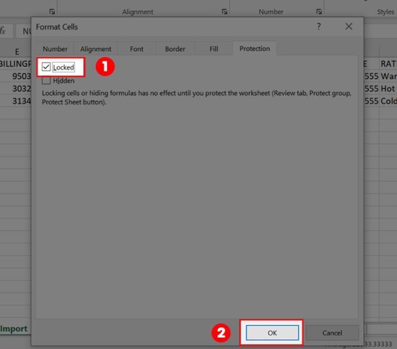 Vào tab Protection và tích lại Locked