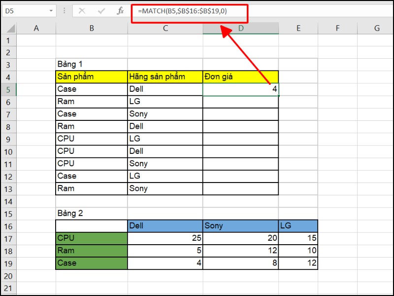 Dùng 2 hàm INDEX, MATCH để dò tìm kiếm quả giá trị cho ô D5