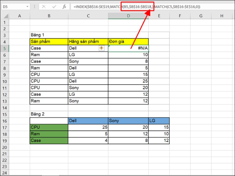 Lỗi #N/A khi dùng 2 hàm INDEX và MATCH