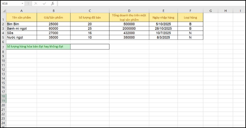 Dùng hàm INDEX MATCH và IF để kiểm tra xem mặt hàng Bim Bim