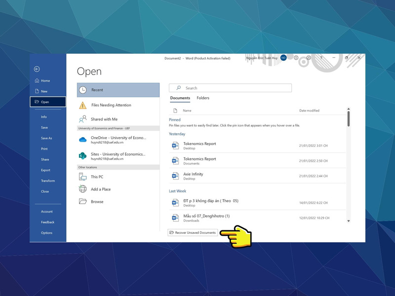 Chọn vào Recover Unsaved Documents