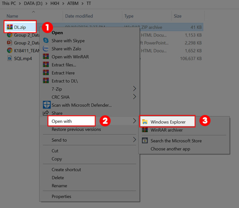 Mở file .zip bằng Windows Explorer