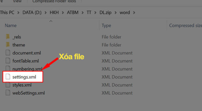Xóa file settings.xml trong thư mục Word
