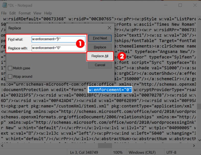 Sử dụng chức năng Replace All để thay đổi mã khoá