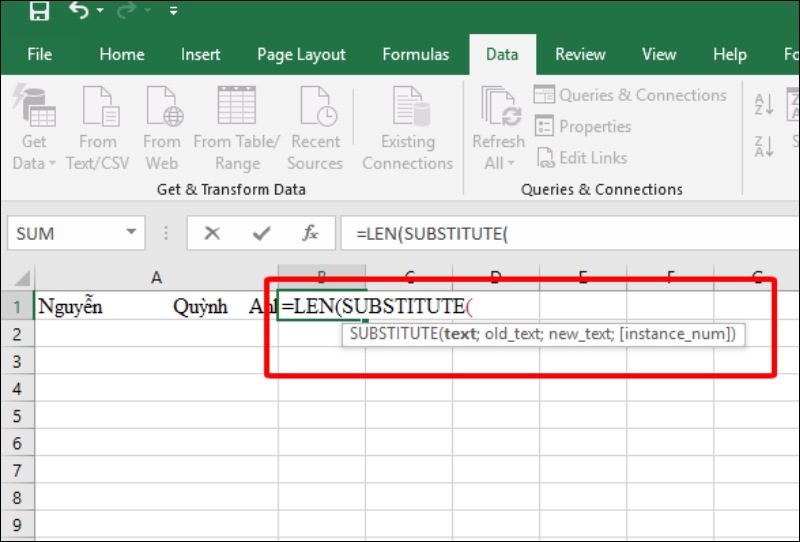 Kết hợp hàm LEN với hàm SUBSTITUTE