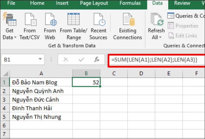 Kết hợp hàm LEN với hàm SUM