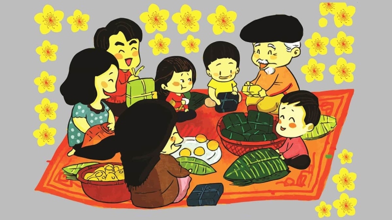 Gia đình quây quần gói bánh chưng ngày Tết