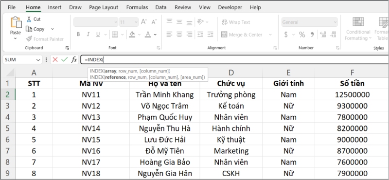 Minh họa nhập hàm INDEX trong bảng dữ liệu