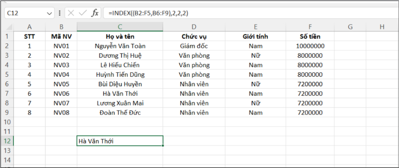 Hàm INDEX trả về tên nhân viên trong bảng Excel