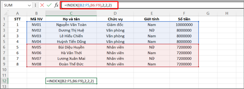Hàm INDEX tham chiếu nhiều vùng dữ liệu trong bảng Excel