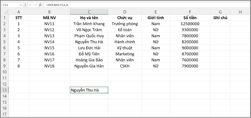 Hàm INDEX trả về kết quả từ hai vùng dữ liệu trong Excel