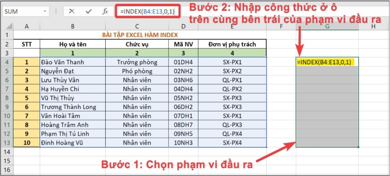 Hàm INDEX trong Excel với phạm vi đầu ra được chọn