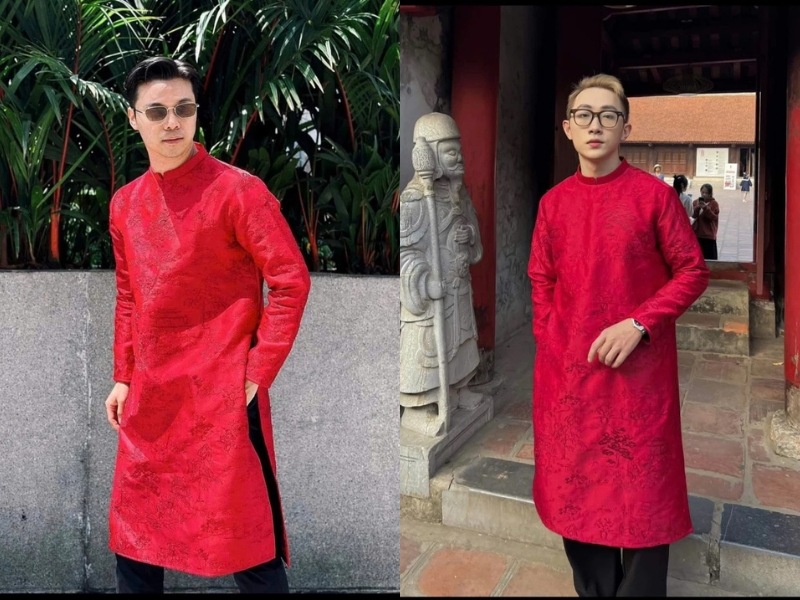 Áo dài đỏ phối quần tây đen cho nam
