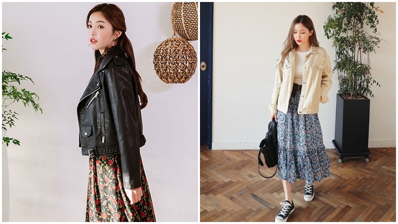 Áo jacket phối với chân váy midi hoa