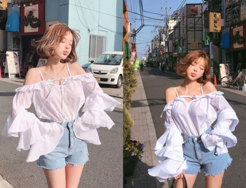 Áo kiểu bèo và quần jeans ngắn