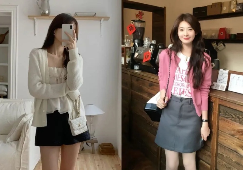 Váy ngắn mặc cùng áo khoác cardigan