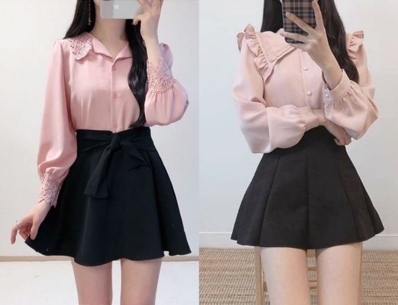 Sơ mi voan hồng mix chân váy đen