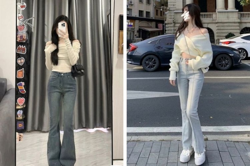 Áo trễ vai phối quần jeans dài