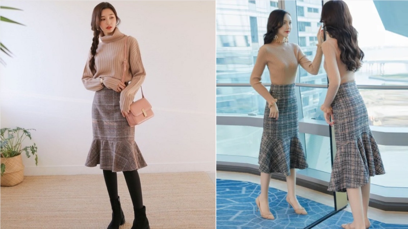 Áo len cổ lọ phối chân váy đuôi cá