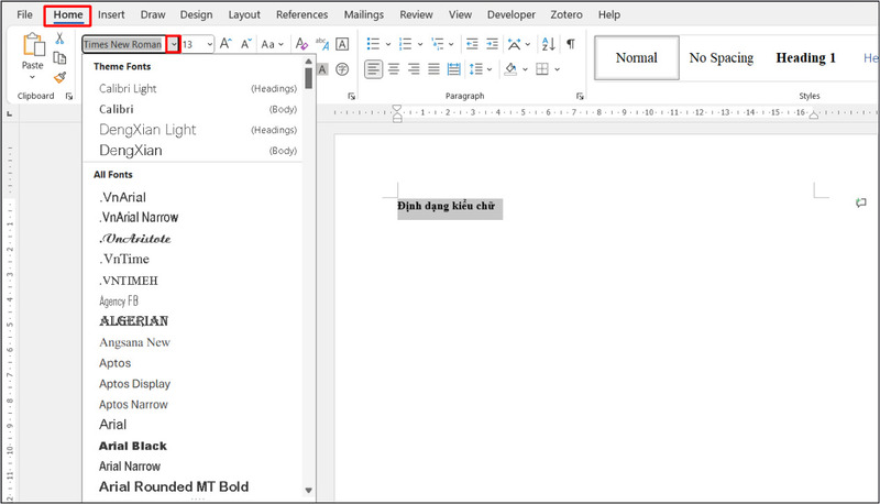 Thay đổi kiểu chữ trong thẻ Home