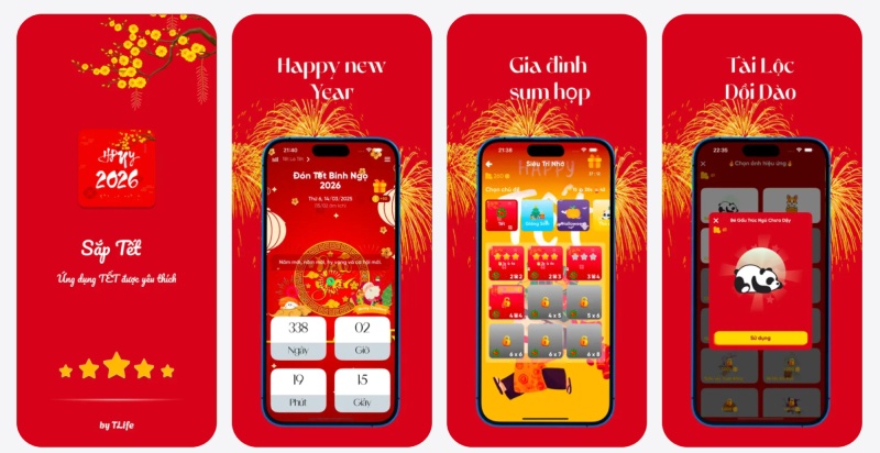 Màn hình đếm ngược Tết 2026 sắc đỏ