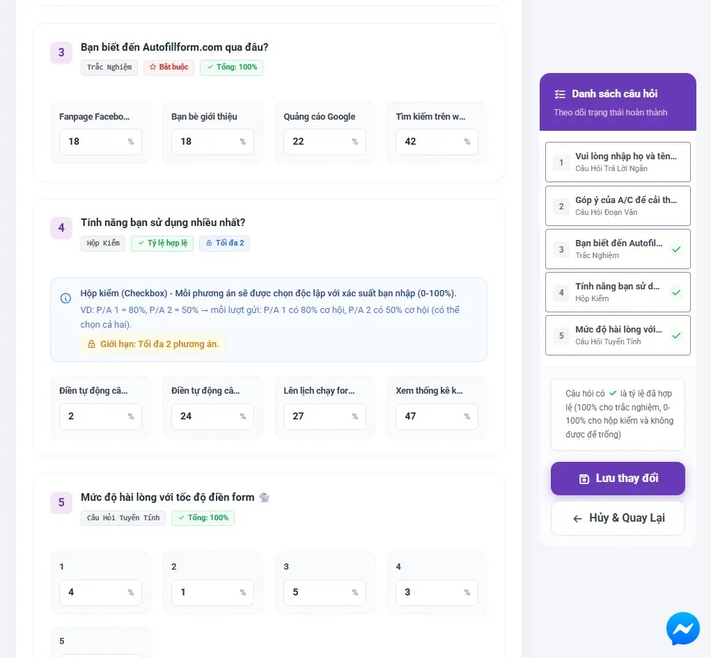 Màn hình cấu hình tỷ lệ đáp án trong AutoFillForm